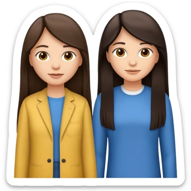 generate me emojis of sisters, one should look older, the other younger. the older one has dark brown hair, long, straight, the younger one is slightly lighter, also straight, long. clothes are any in principle, the main thing is that they more or less look like each other sticker