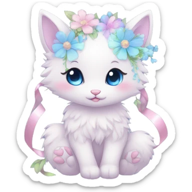 Anthro Cute Cool Blushing Pastel Innocent Shy Kawaii gorgeous sparkly ethereal fantasy animal creature with blue eyes furry sona with flowers and ribbons beautiful aesthetic sticker