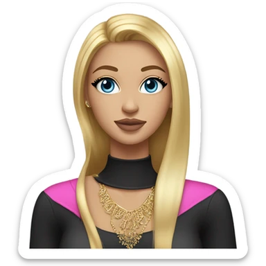 Tanned blonde girl with straight long shiny hair with middle part blue eyes with eyeliner   full pink shiny lips kinda big boobs wearing a lot of gold jelewerry ang black long sleeve  sticker
