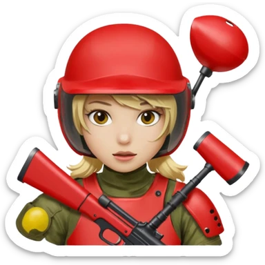 blond girl playing paintball with red paintball helmet, only face sticker
