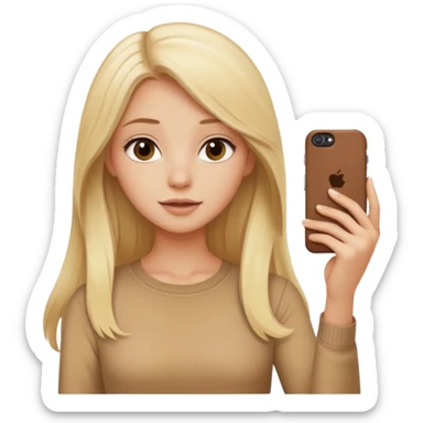  beautiful pale blonde girl with long hair taking selfie on brown case iPhone in beige top sticker