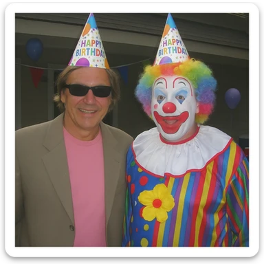 Create an early 2000s digital camera style photograph of a person posing with a clown, both wearing birthday hats. The image should have low quality, washed out colors, slight blur, harsh flash, and a casual party background. The style should reflect the look of an old digital camera photo from the early 2000s. sticker