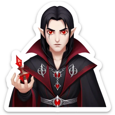 Cinematic Realistic WoW Vampire Mage Portrait, head tilted epicly and inquisitively, showcasing a commanding presence and ancient arcane mastery. His pallid skin and sleek dark hair are set against the intricately detailed black robe—with silver accents and mystical runes—that remains consistent in its shadowed elegance. His piercing crimson eyes blaze with forbidden power, rendered with dramatic, lifelike clarity and high shine, epic and awe-inspiring. sticker