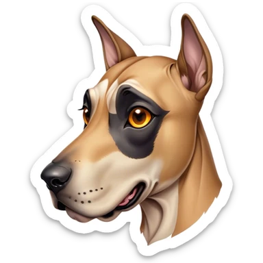 Cinematic Comical Fawn Great Dane Portrait Emoji, Head tilted dramatically with an exaggeratedly amused expression, featuring a sleek fawn coat with a subtle dark mask, wide, expressive amber eyes filled with playful disbelief, Simplified yet hilariously expressive features, highly detailed, glowing with a slightly sassy glow, high shine, dramatic yet playful, stylized with an air of cheeky mischief, bright and endearing, soft glowing outline, capturing the essence of a spirited and over-the-top guardian, so meme-worthy it feels like it could side-eye its way into internet fame instantly! sticker