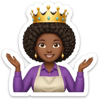 Mujer curvy afro, con vestimenta cómoda y delantal,con una corona sobre su cabeza y sonrisa contagiosa.  sticker