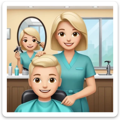 happy woman getting a haircut in a welcoming salon, both client and hairstylist smiling, no threatening elements sticker