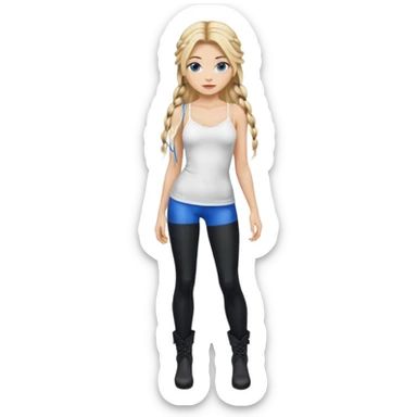 Blonde model balayage  With highlights long hair half braids women with blue eyes wearing White Spaghetti top and black Leggins and Boots with heels sticker