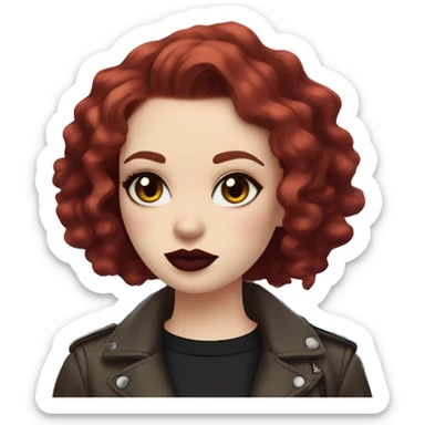 Girl with very pale skin, bright red curly short hair with a side part, black cat-eye makeup, long eyelashes, dark maroon blush and lipstick.  Her eyebrows are dark, arched and very high.  Hazel eyes. Big lips. Thin. Wearing a biker jacket  sticker