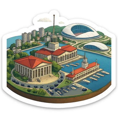 Изометричная, яркая, детализированная и фотореалистичная иллюстрация панорамы города Cочи на круглой подставке в стиле 3D-коллажей городов, ОДНО! здание Морского Порта, ОДИН! Зимний театр, ОДИН! стадион Фишт, море чёткие линии, слегка мультяшная стилистика, прозрачный фон, не обрезать края картинки sticker