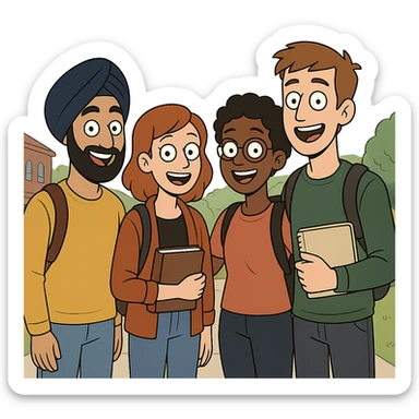 university sikh boy cartoon style standing with friends diverse group turban cheerful outdoor university setting sticker