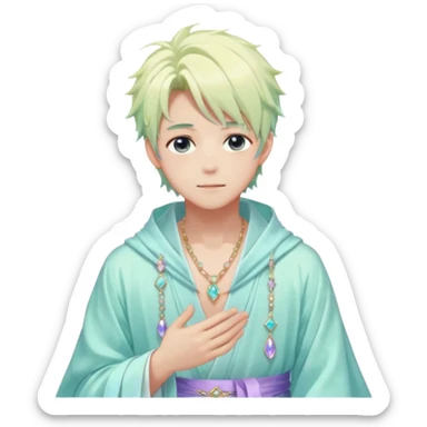 Beautiful gorgeous romantic blushing youthful handsome anime guy with beautiful iridescent-pastel-whitish-special-gently-tousled-hair, fashion aesthetic, ethereal, fairycore, pastelcore, layered robes, accessories, jewelries, colorful, shiny, trending style, outside sticker