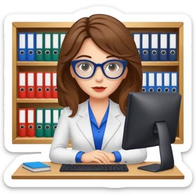 donna bella, occhi azzurri con occhiali, capelli medi, lisci e biondi, lavora al pc. sullo sfondo una libreria sticker