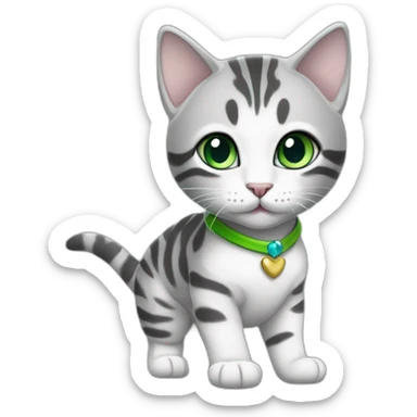 cute light white and grey domestic shorthair tabby with green and blue eyes black pupils, walking and playing wearing a cute costume female sticker