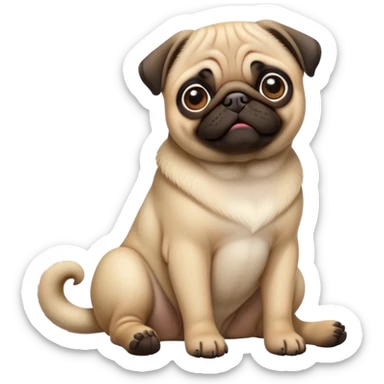 detailed-[pug]-realistic-full-body-sitting-emoji,-tail-resting-loosely-beside-its-paws,-head-tilted-dramatically, -sleek-fur,-simplified-yet-realistic-focused-features,-highly-detailed,-glowing-with-an-almost-sarcastic-glow sticker
