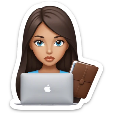 Glamours tanned very beautiful girl with pump peach lips and dark chocolate straight smooth long hair, blue-grey eyes with MacBook sticker