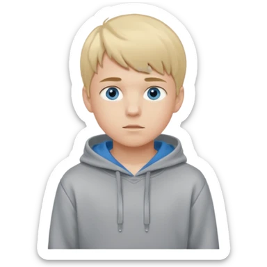 Teen boy with blue eyes and a Grey hoodie who stands up with blond short hair and short bangs sticker