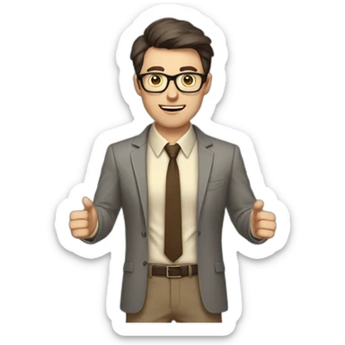 To belt Actively gesturing with hands Pale skinned fit man teacher with dark brown hair in gray jacket, beige office shirt, brown tie, brown pants and vintage glasses. sticker