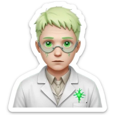 laboratory mutant portrait, head and shoulders only, glowing green veins, torn lab coat collar, mutated eyes, sci-fi experiment vibe, 3D cartoon, mobile game icon style, clean background, no text, no watermark

 sticker