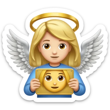 "Um emoji de anjo com cabelos loiros, um halo, asas, segurando um sinal de 'compartilhar' em letras em negrito." sticker