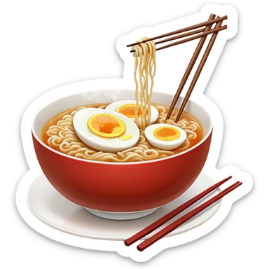 ["Bowl of ramen with soft-boiled egg and chopsticks."] sticker