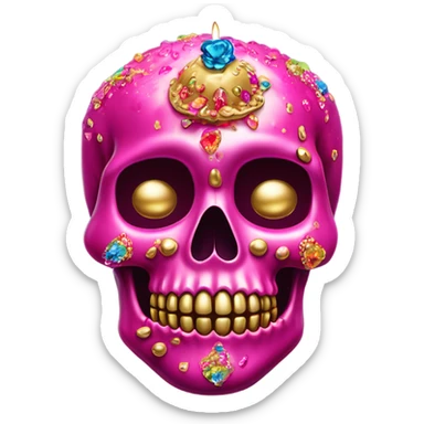 Realistic hot pink sugar skull decorated with colorful rhinestones with metallic gold candle on top of its head dripping meltdown metallic gold wax down skull sticker
