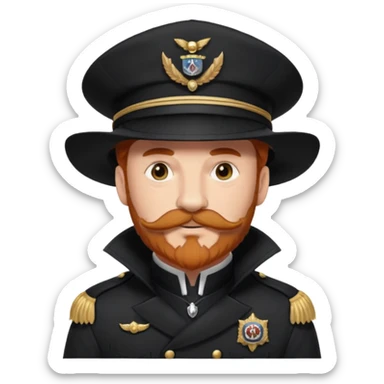 An auburn-hair'ed admiral with a flawless bear and mustache wearing a black admiral outfit and hat with Wolf Ears coming out of the hat, and 9 wolf tails behind him, with the admiral black shirt featuring on the left breast pocket the insignia of Helldivers 2. sticker