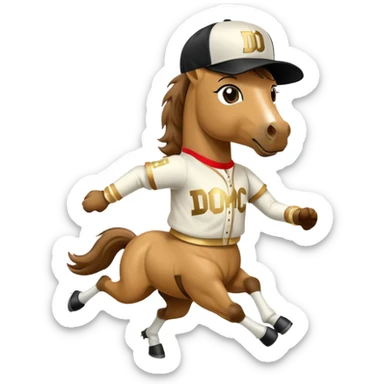 friendly anthropomorphised horse in RUN DMC style outfit, gold medal, baseball hat sticker