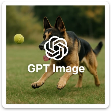 logo of chat gpt with text "GPT Image" on the background of a dog chasing ball, realistic image sticker