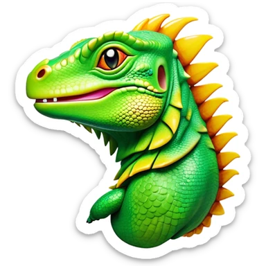 Cinematic Realistic Comical Iguana Portrait Emoji, Head tilted dramatically with an exaggeratedly amused expression, featuring a striking, glossy green-scaled body with bold natural textures and wide, expressive amber eyes brimming with playful disbelief, rendered with lifelike clarity and vibrant hues, high shine, dramatic yet playful, styled with an air of cheeky tropical mischief, soft glowing outline, capturing the essence of a spirited and over‐the‐top iguana that looks ready to charm its way into viral fame! sticker