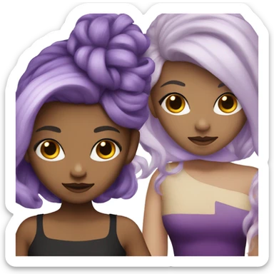 Girl with split dyed hair; black and blond with a purple dress sticker