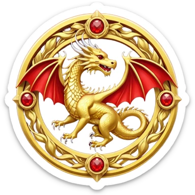 Golden dragon with wings crest / brosch in a circle with red gems and no background sticker