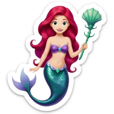 Disney Ariel mermaid with long red hair, green tail, and purple seashell top, smiling sticker
