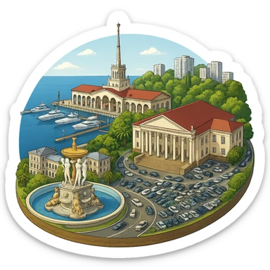 Изометричная, яркая, детализированная и фотореалистичная иллюстрация панорамы города Cочи на круглой подставке в стиле 3D-коллажей городов, здание Морского Порта, Зимний театр, Санаторий имени С. Орджоникидзе, море, причал, яхты чёткие линии, слегка мультяшная стилистика, прозрачный фон, не обрезать края картинки sticker