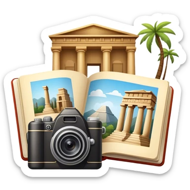 Icon for Historical and Cultural Tourism: iconic landmarks like ancient ruins, a museum and a historical monument, with a travel guidebook and camera. The icon should capture the exploration of history and culture. Transparent background. sticker