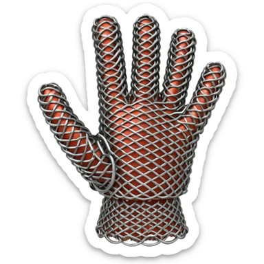 3D render of Butcher’s Glove, made of interlocking chainmail metal rings, wire mesh texture, visible holes and negative space, metallic silver and grey, high contrast shadows, Apple emoji style, isolated on white background --v 6.0. sticker