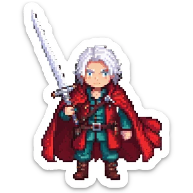 Dante from Devil May Cry with white hair, red coat, sword sticker