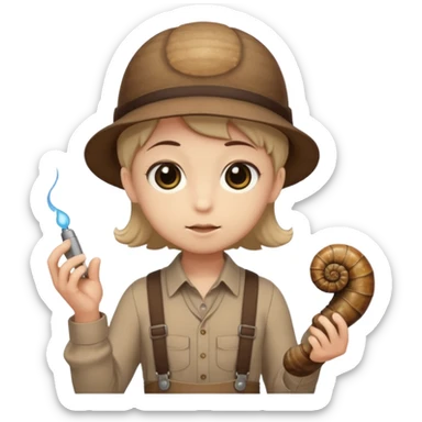 Shelly has a small, chibi-style body with a large ammonite-shaped head that looks like a beige fossil shell. One side of her head has a dark opening, making it clear she isn’t human. Her face is simple and soft, with big round eyes. She wears a brown suspender outfit over a lighter shirt sticker