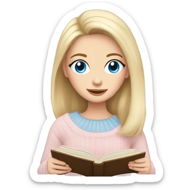 Pretty blue eyed white girl with light pink sweater reading cozy sticker
