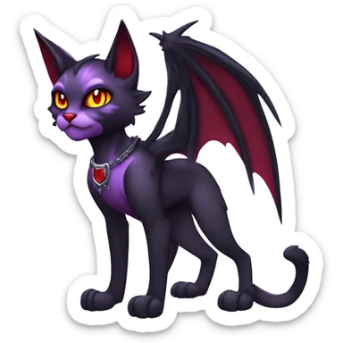 Anthro-Cute-Edgy-Cool-Vampiric-Batty-Cat-Black-Purple-Red-Grey-White-Yellow-Contrast-Colors-Fantasy-Fur-Sona-Chibi-Shiny-Fakémon-Hybrid with horns and fangs and collar full body sticker