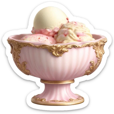 highly detailed vintage pale pink rococo bowl with ice cream sticker