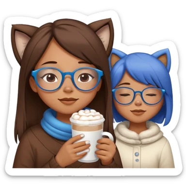 girl with blue glasses and straight brown hair closing her eyes relaxing with a cup of hot chocolate and a furry white malt sticker