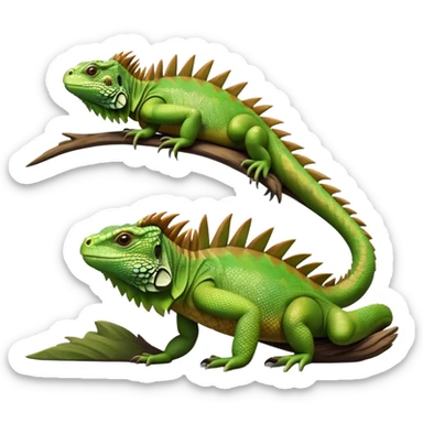 cinematic-iguana-realistic-full-body-basking-emoji,-long-scaly-body-stretched-out,-spiny-ridge-running-down-its-back,-textured-green-and-brown-skin-dappled-with-light,-sharp-intelligent-eyes-studying-the-surroundings sticker