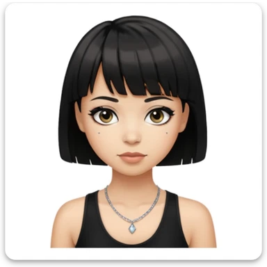 Make an emoji that is a bit fat but also a bit skinny at the same time, has black short hair with bangs, has eye liner and mascara on, has a black tanktop on, and has a necklace on  sticker