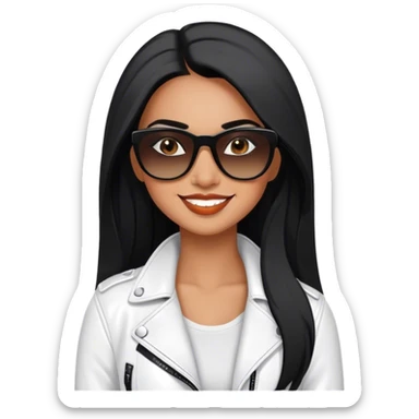 beautiful fit woman, with long straight black hair, with make up, black eye liner, smile mooth close, mexican, brown skin, wearing casual white outfit, wearing leather black jacket, solar wayfarer on the tip of the nose, flirting sticker