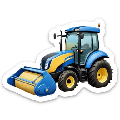 New Holland Roll-Belt 560 (2018) – Cinematic-realistic New Holland Roll-Belt 560 baler, its blue body steadily compressing golden hay into tight, round bales. The rhythmic motion of the machine continues as dust swirls in the afternoon heat, with rows of freshly cut grass stretching toward the horizon. sticker