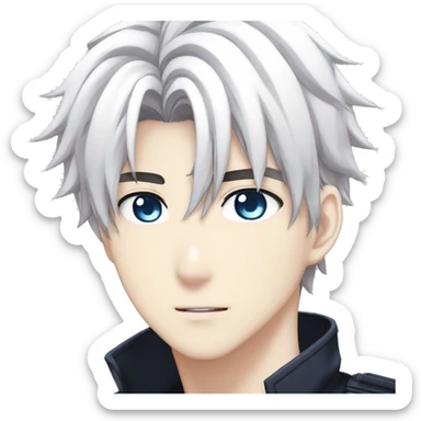 Anime guy, white hair, messy hair, medium length hair, blue eyes, blue glowing eyes, beautiful face, dark uniform, Japanese school uniform, white eyebrows, white eyelashes sticker