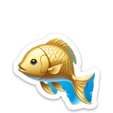 Golden omega-3 capsule floating in blue liquid currents, with an ethereal fish gently spinning around a radiant brain. Blue water waves expand from the brain, promoting mental clarity, emotional calm, and cardiovascular fluidity. sticker