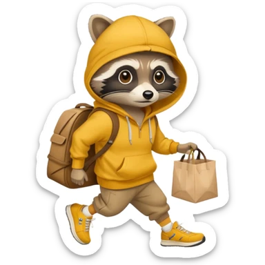 Crear ub mapache que sea solo dibujado con sudadera color mostaza y zapatillas + gorra que esté robando un Pancho con packaging que diga Rocco sticker