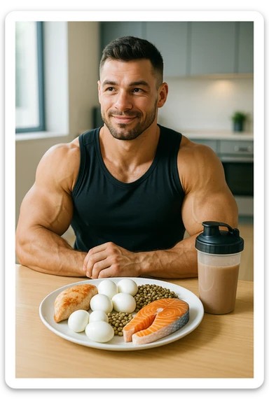 Uomo muscoloso, seduto a tavola con un piatto ricco di proteine: petto di pollo, uova, legumi, pesce e frullato proteico. Espressione soddisfatta e consapevole, in un ambiente luminoso, magari una cucina moderna o uno spogliatoio da palestra. Muscoli ben definiti, simbolo di cura e attenzione all’alimentazione. Atmosfera positiva, energetica sticker