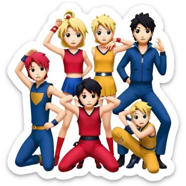 Icon for Anime Collage: Characters from Cowboy Bebop, Naruto, Bishoujo Senshi Sailor Moon and Kimetsu no Yaiba, each in their iconic poses and vibrant outfits, blended together with dynamic backgrounds. Transparent background. sticker